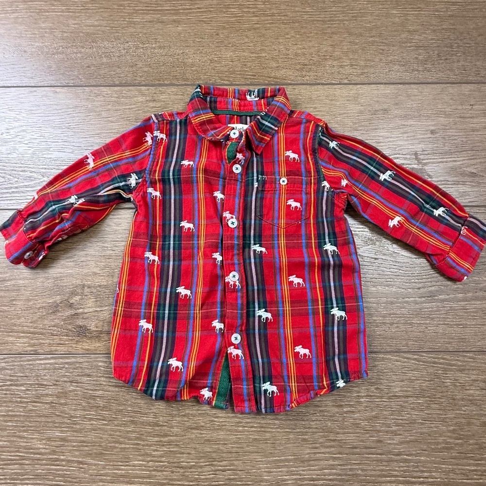 Hatley Baby Boy's Plaid Moose Button Down, 18-24 Months, Holiday, Winter